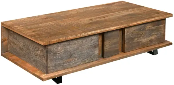 48 Inch Handcrafted Rectangular Coffee Table with 2 Drawers, Black Iron Sled Base, Rustic Natural Brown-Benzara