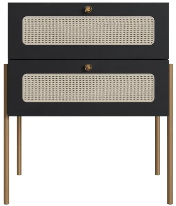 Boho Nightstand  End Table Storage Gold Iron Leg Rattan 2 Drawer -Nero Black