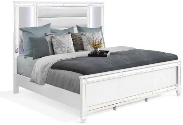 Lio Modern King Size Bed, LED, Mirror Trim, White Velvet Tufted Upholstery - Benzara