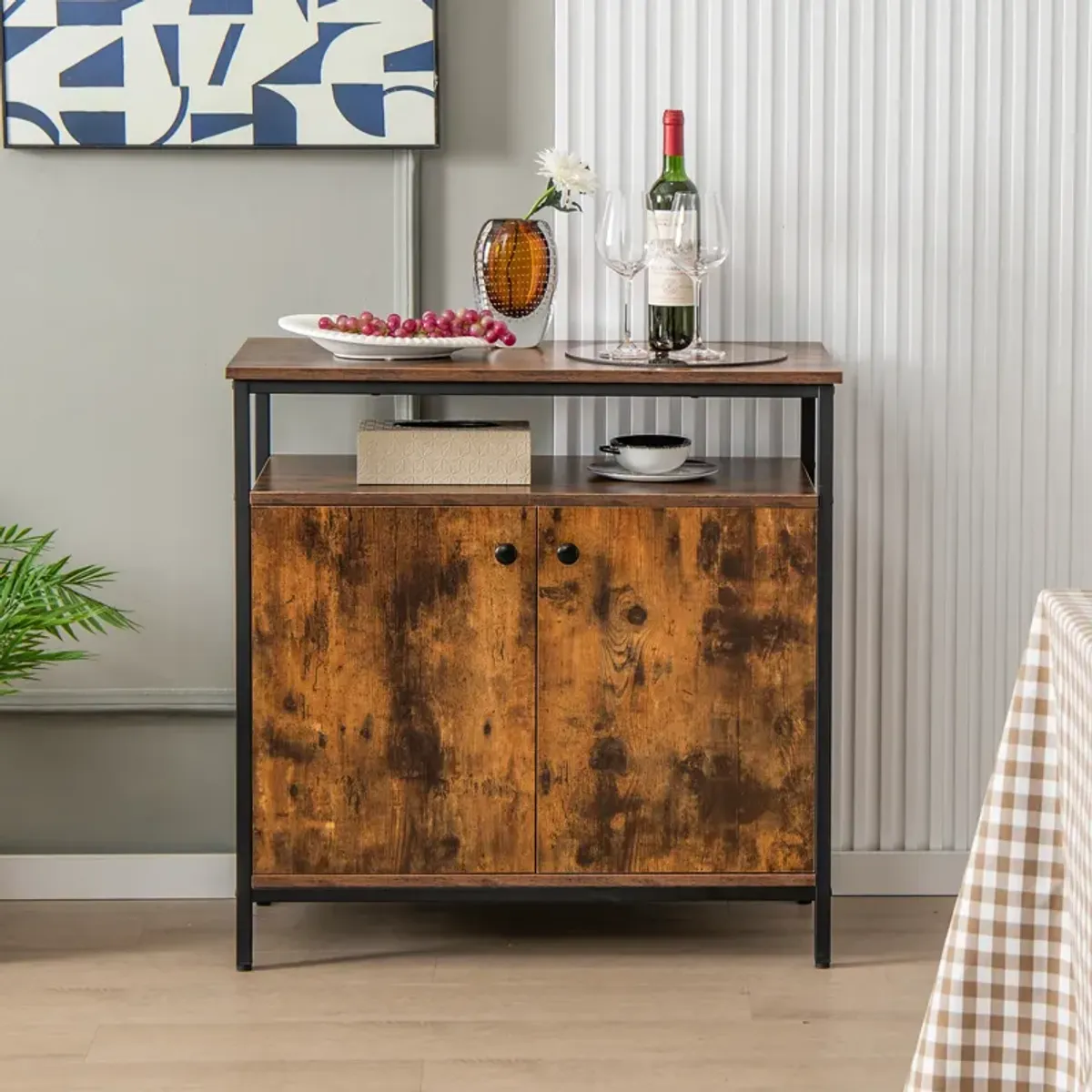 2-Door Buffet Cabinet with Shelves and Cable Management Holes-Rustic Brown