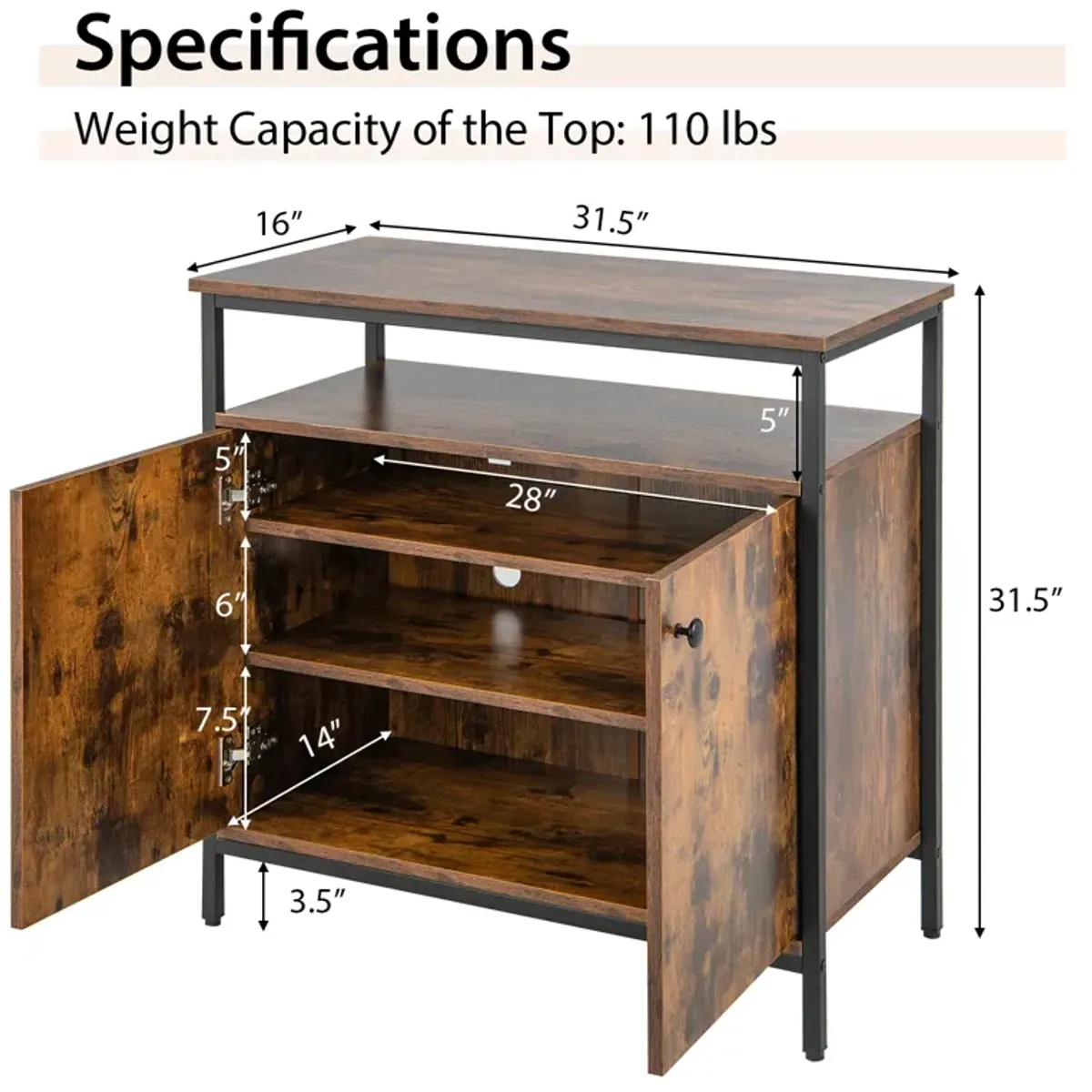 2-Door Buffet Cabinet with Shelves and Cable Management Holes-Rustic Brown