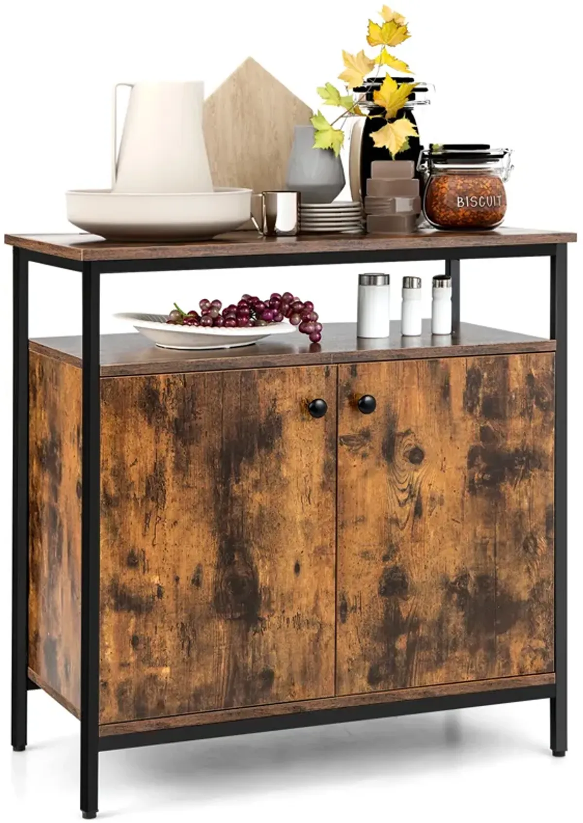 2-Door Buffet Cabinet with Shelves and Cable Management Holes-Rustic Brown