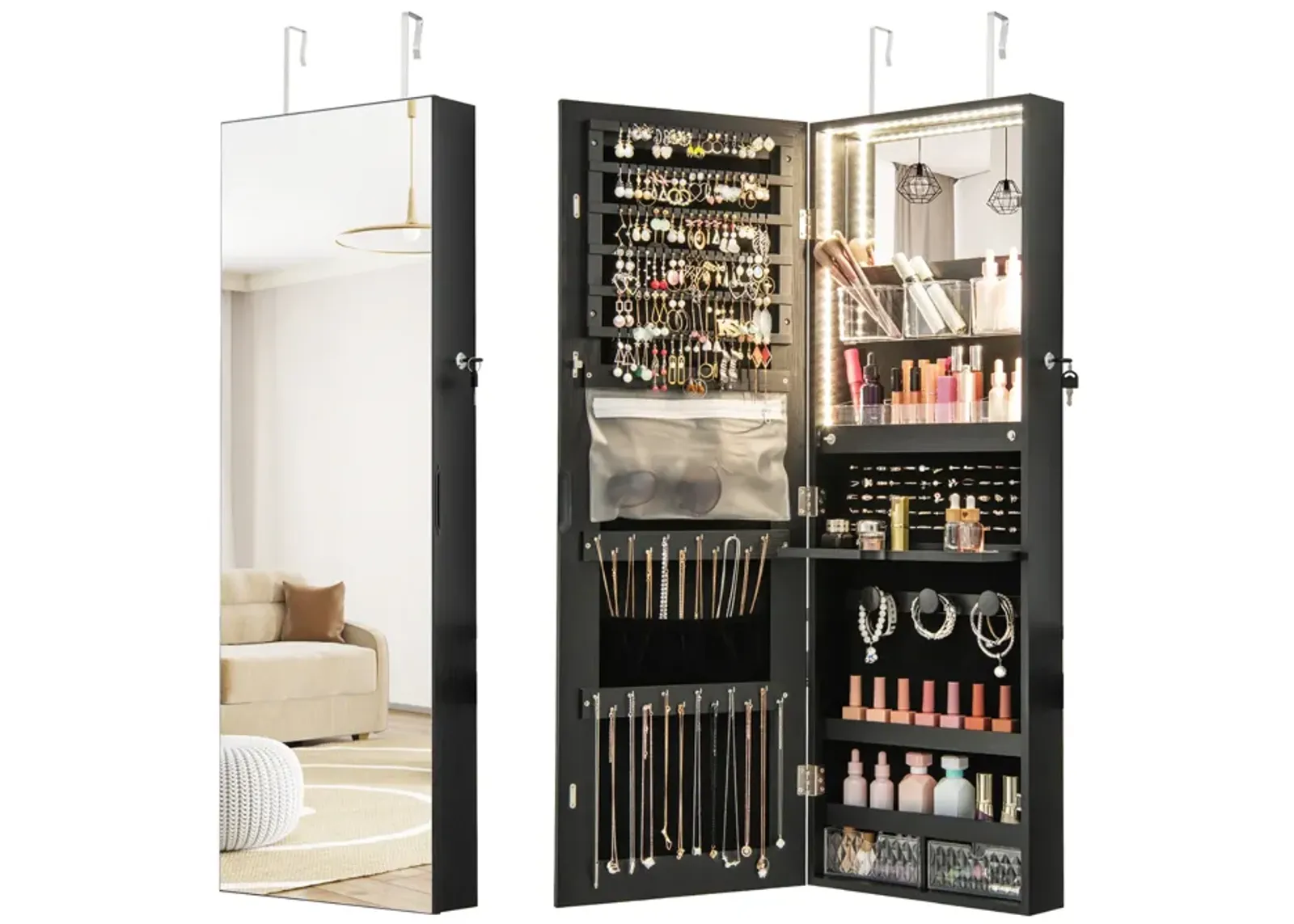 Wall Mounted Jewelry Cabinet with Full-Length Mirror