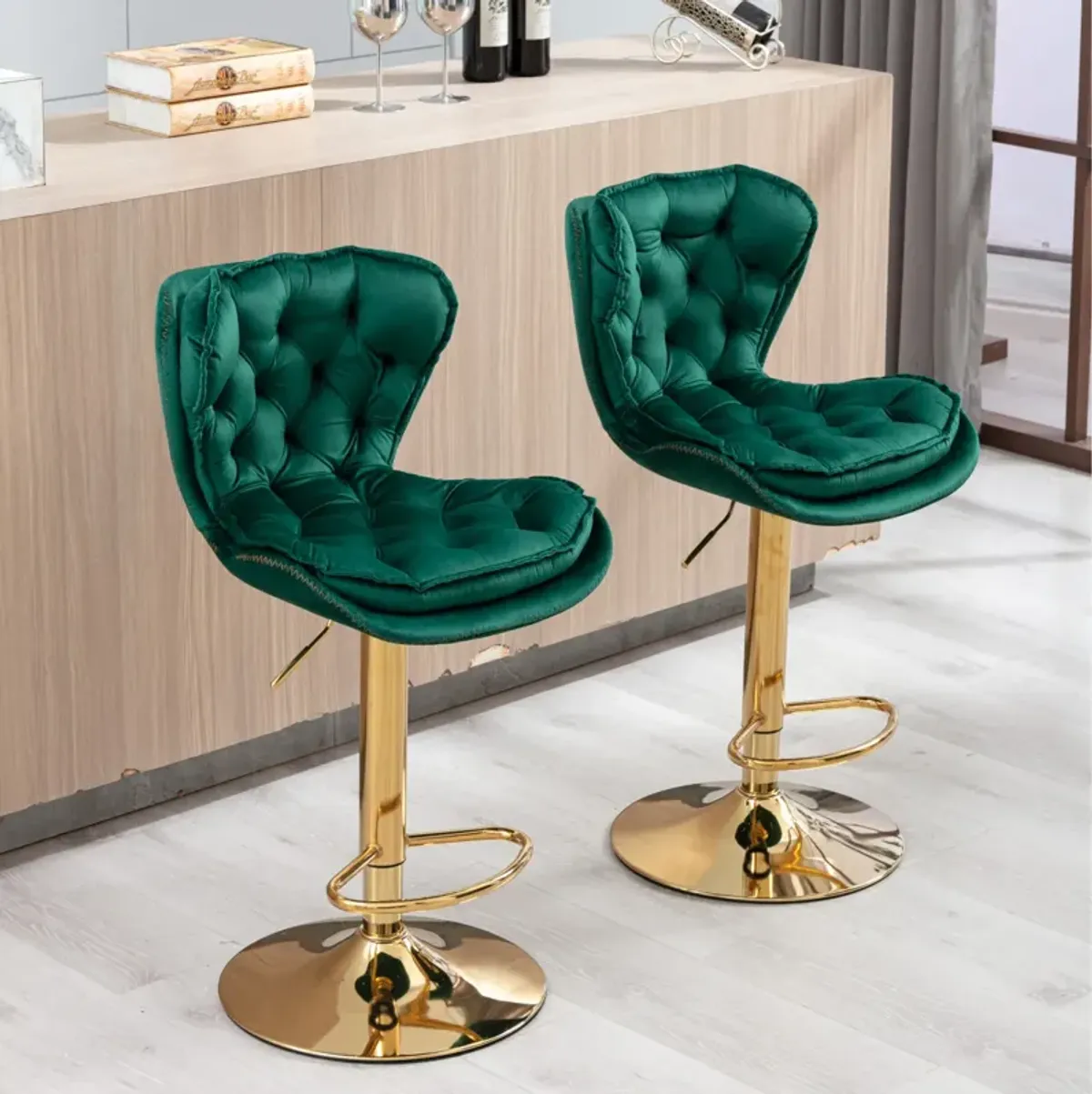 Set of 2 Bar Stools, with Chrome Footrest and Base Swivel Height Adjustable Mechanical Lifting Velvet + Golden Leg Simple Bar Stool-Green