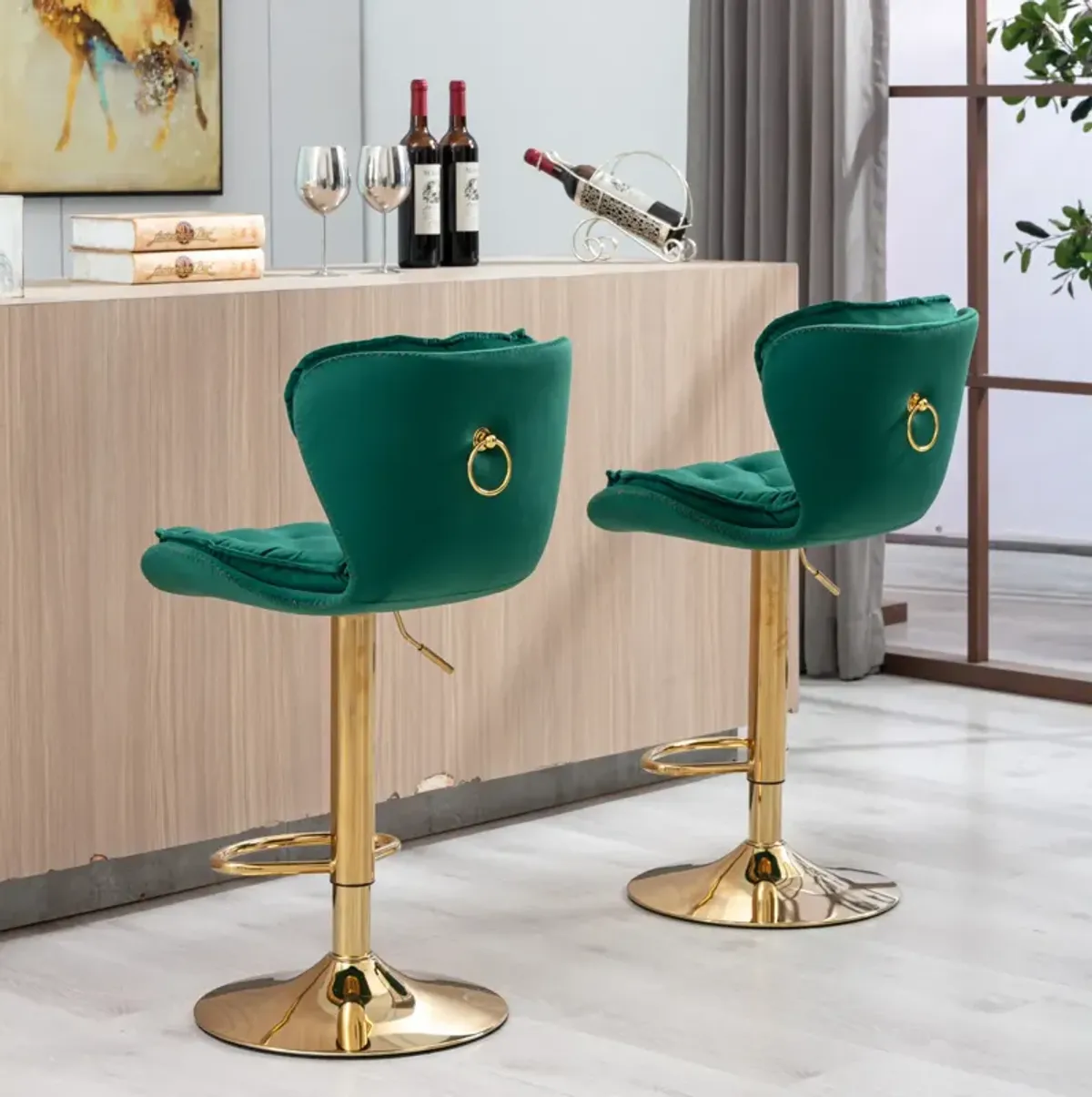 Set of 2 Bar Stools, with Chrome Footrest and Base Swivel Height Adjustable Mechanical Lifting Velvet + Golden Leg Simple Bar Stool-Green