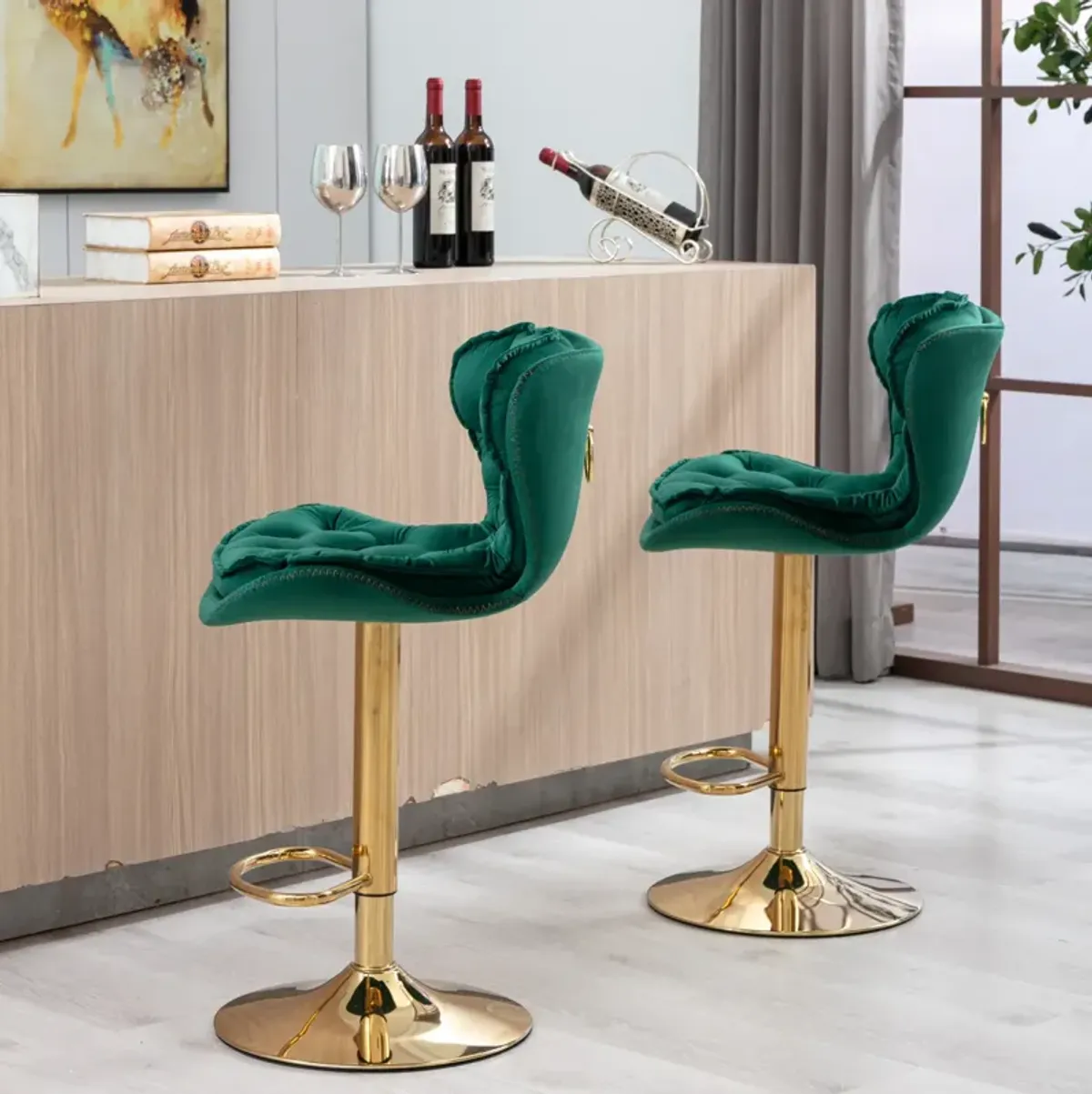 Set of 2 Bar Stools, with Chrome Footrest and Base Swivel Height Adjustable Mechanical Lifting Velvet + Golden Leg Simple Bar Stool-Green