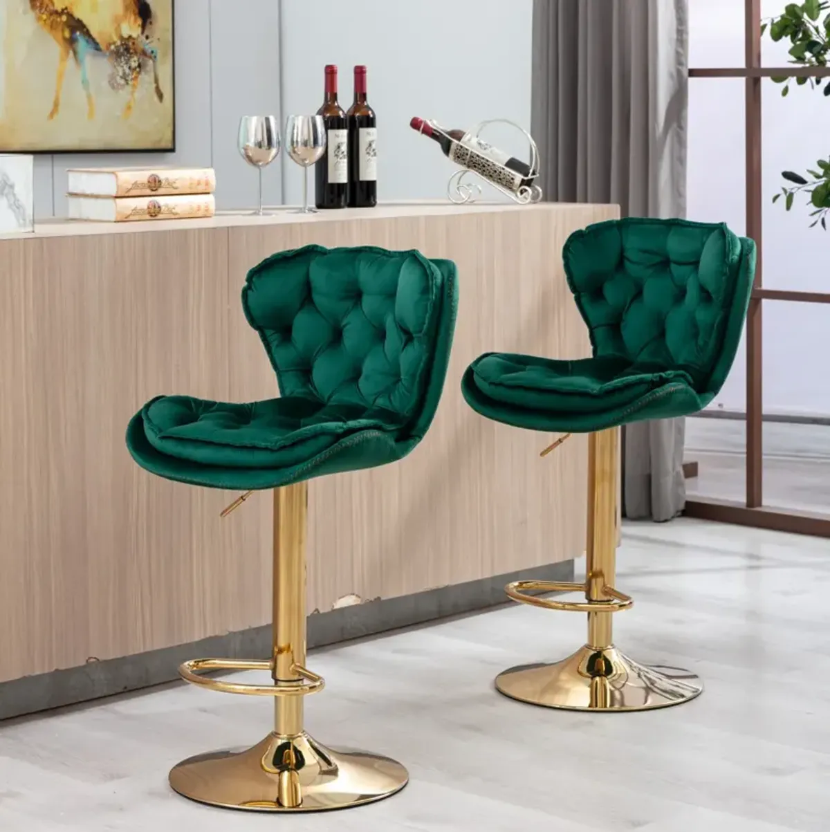 Set of 2 Bar Stools, with Chrome Footrest and Base Swivel Height Adjustable Mechanical Lifting Velvet + Golden Leg Simple Bar Stool-Green