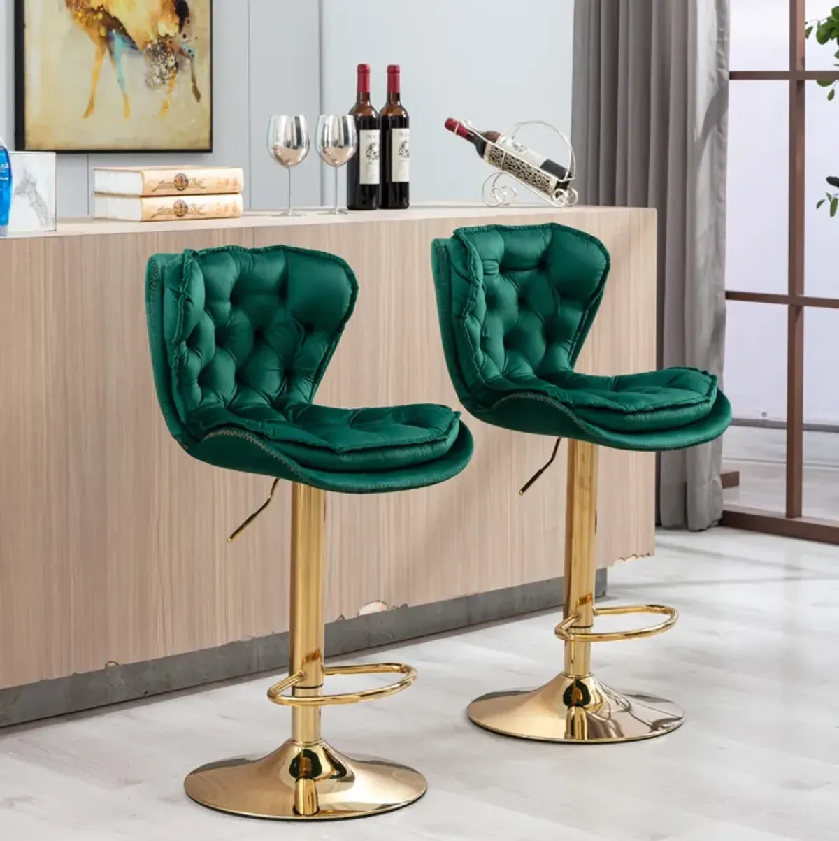 Set of 2 Bar Stools, with Chrome Footrest and Base Swivel Height Adjustable Mechanical Lifting Velvet + Golden Leg Simple Bar Stool-Green