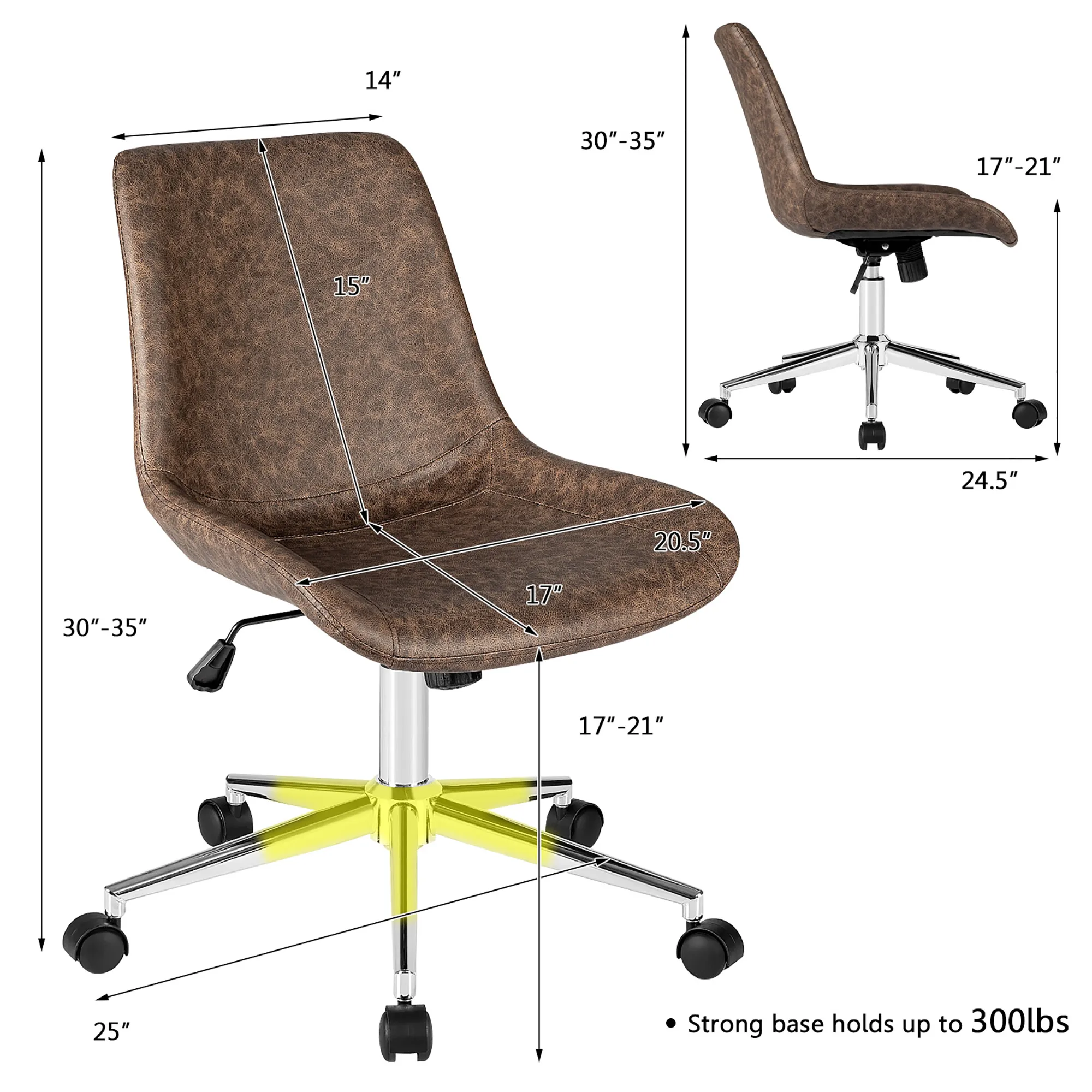 Costway Mid Back Office Chair Armless Adjustable PU Leather Task Swivel Chair