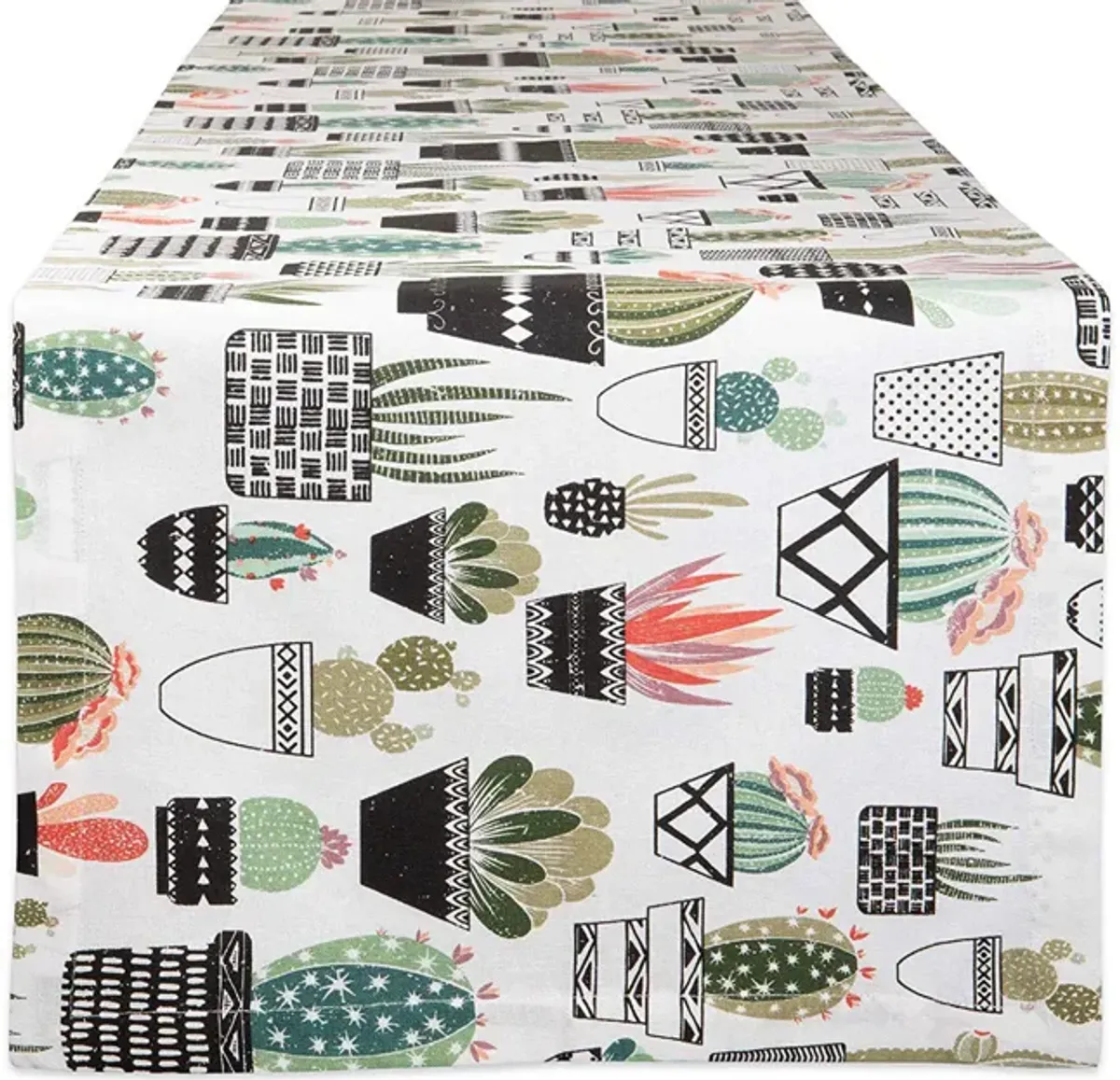 108" White with Cactus Patterned Prints Rectangular Table Runner