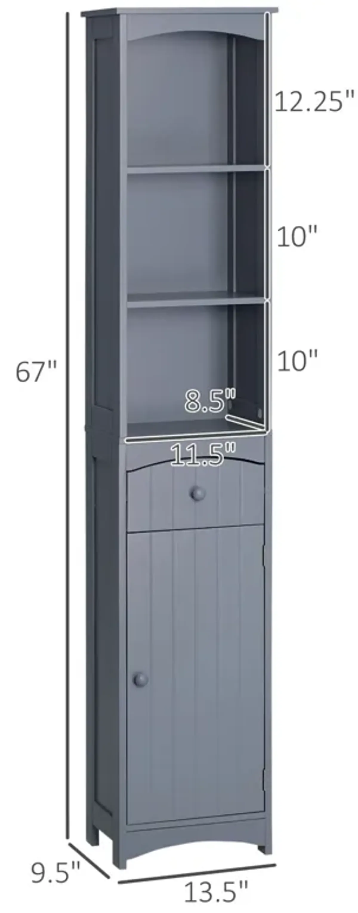 Grey Bathroom Tower: Tall Linen Cabinet with 3-Tier Shelves & Drawer