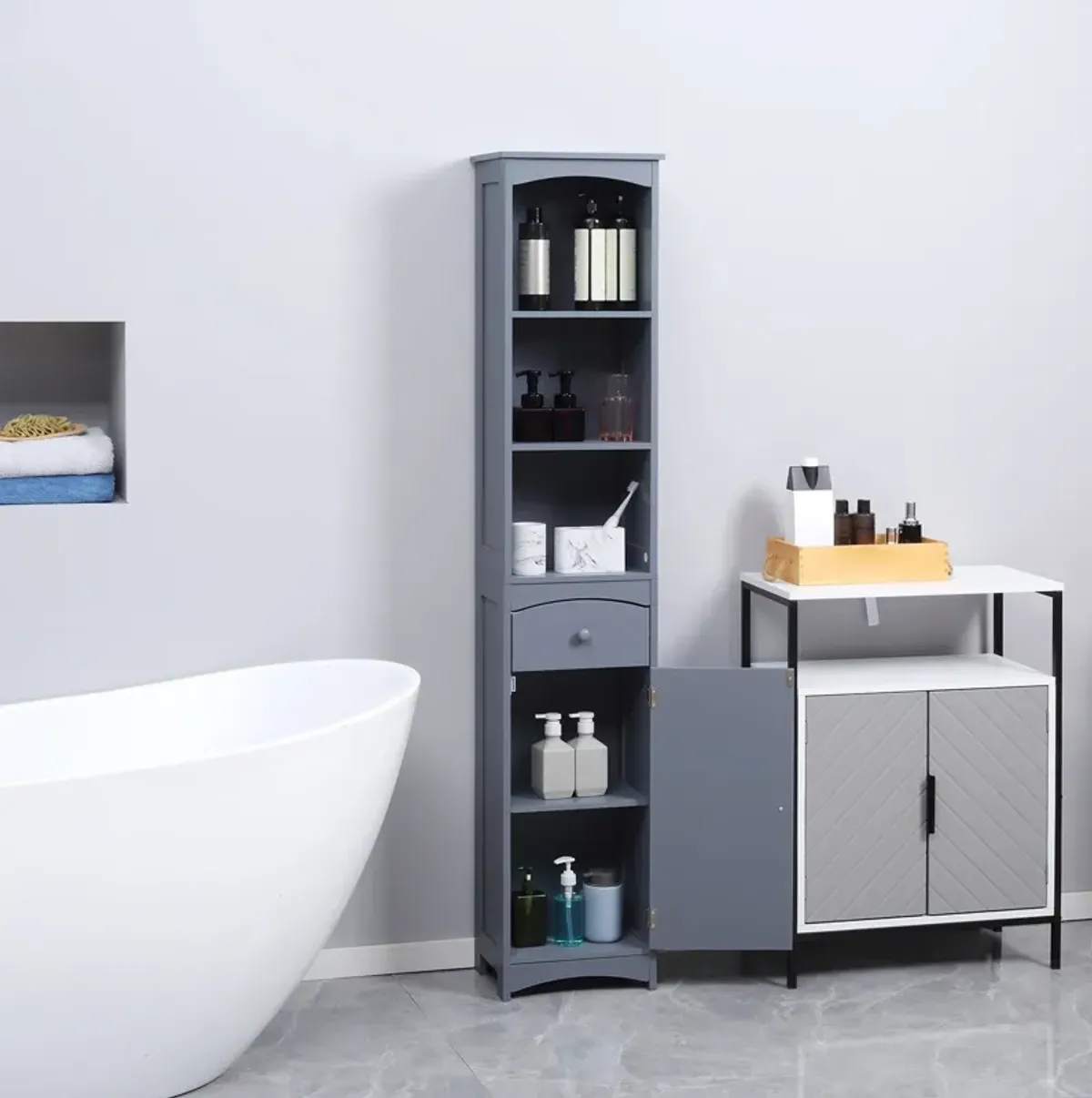 Grey Bathroom Tower: Tall Linen Cabinet with 3-Tier Shelves & Drawer