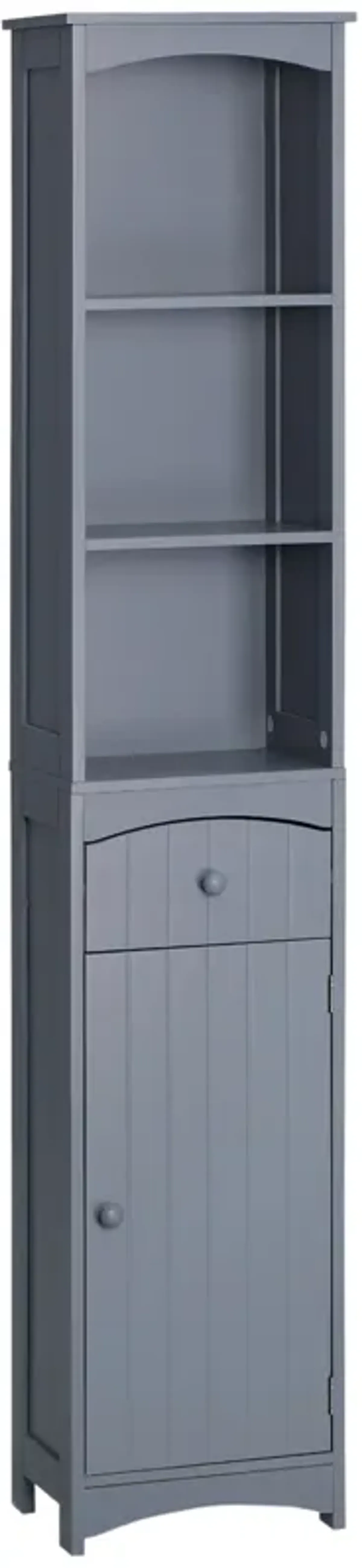 Grey Bathroom Tower: Tall Linen Cabinet with 3-Tier Shelves & Drawer