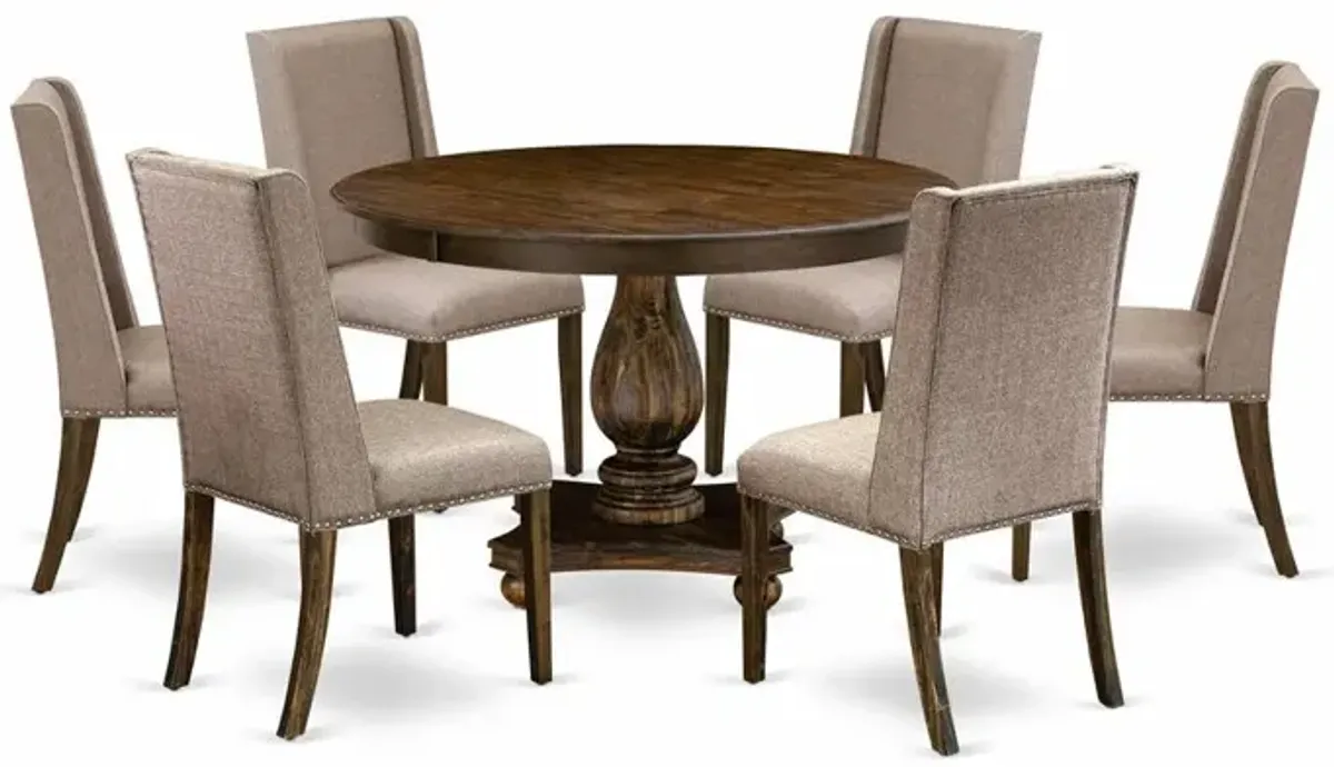 East West Furniture 7 Piece Modern Dining Set Contains a Dining Room Table and 6 Dark Khaki Linen Fabric Parson Chairs with High Back - Distressed Jacobean Finish