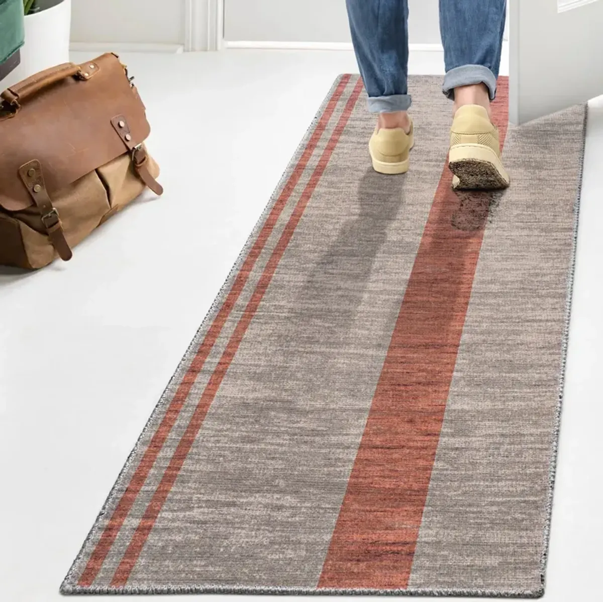 Raita Modern Distressed Stripe Machine Washable Area Rug