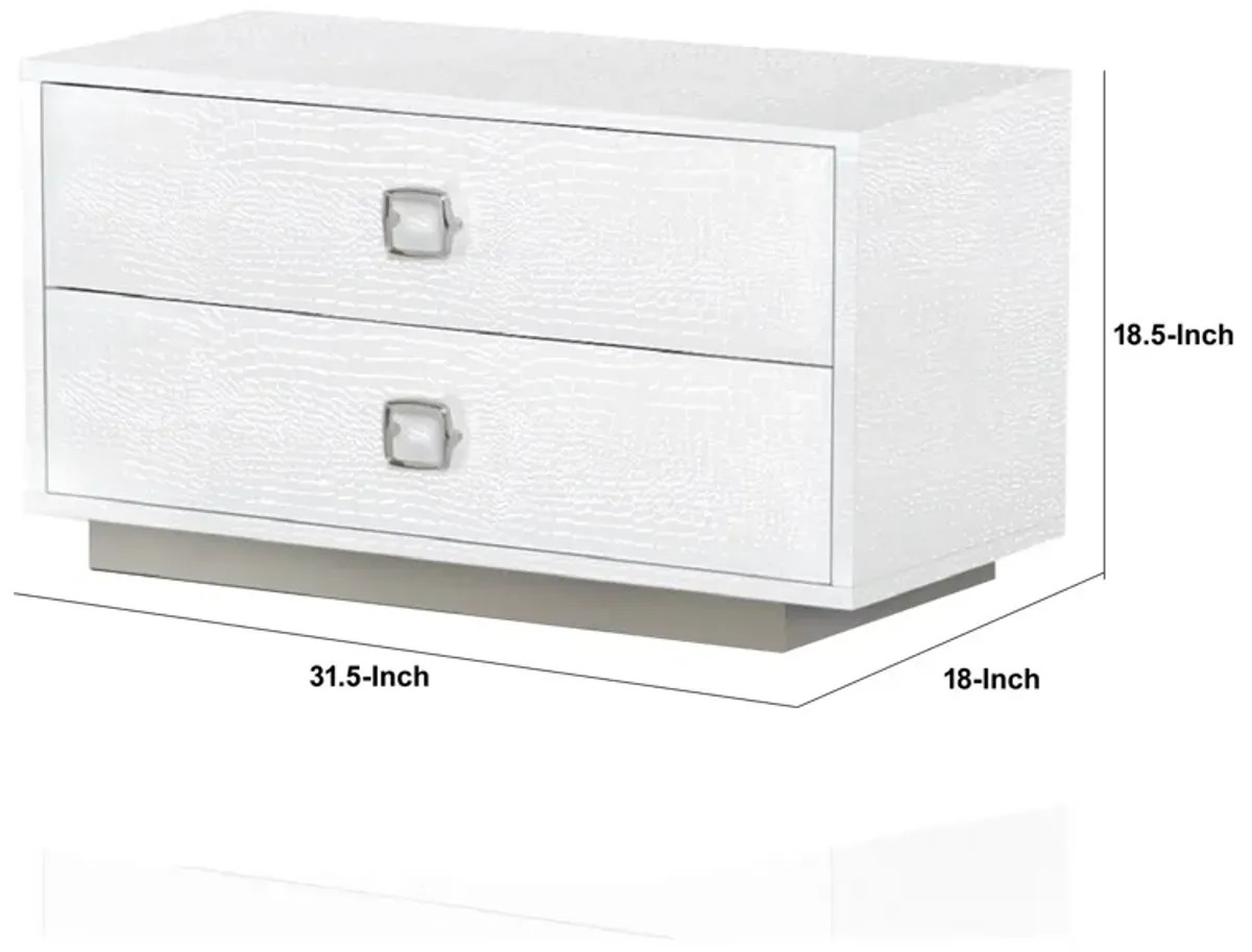 Hart 32 Inch Modern Nightstand, 2 Drawers, Textured Lacquer Finish, White-Benzara