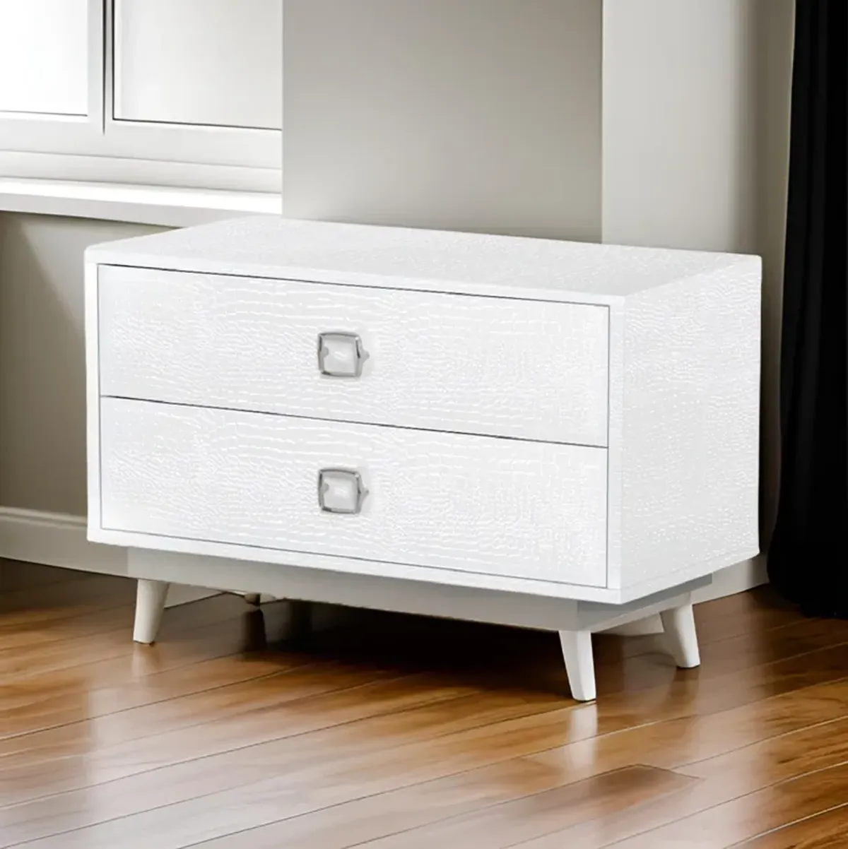 Hart 32 Inch Modern Nightstand, 2 Drawers, Textured Lacquer Finish, White-Benzara