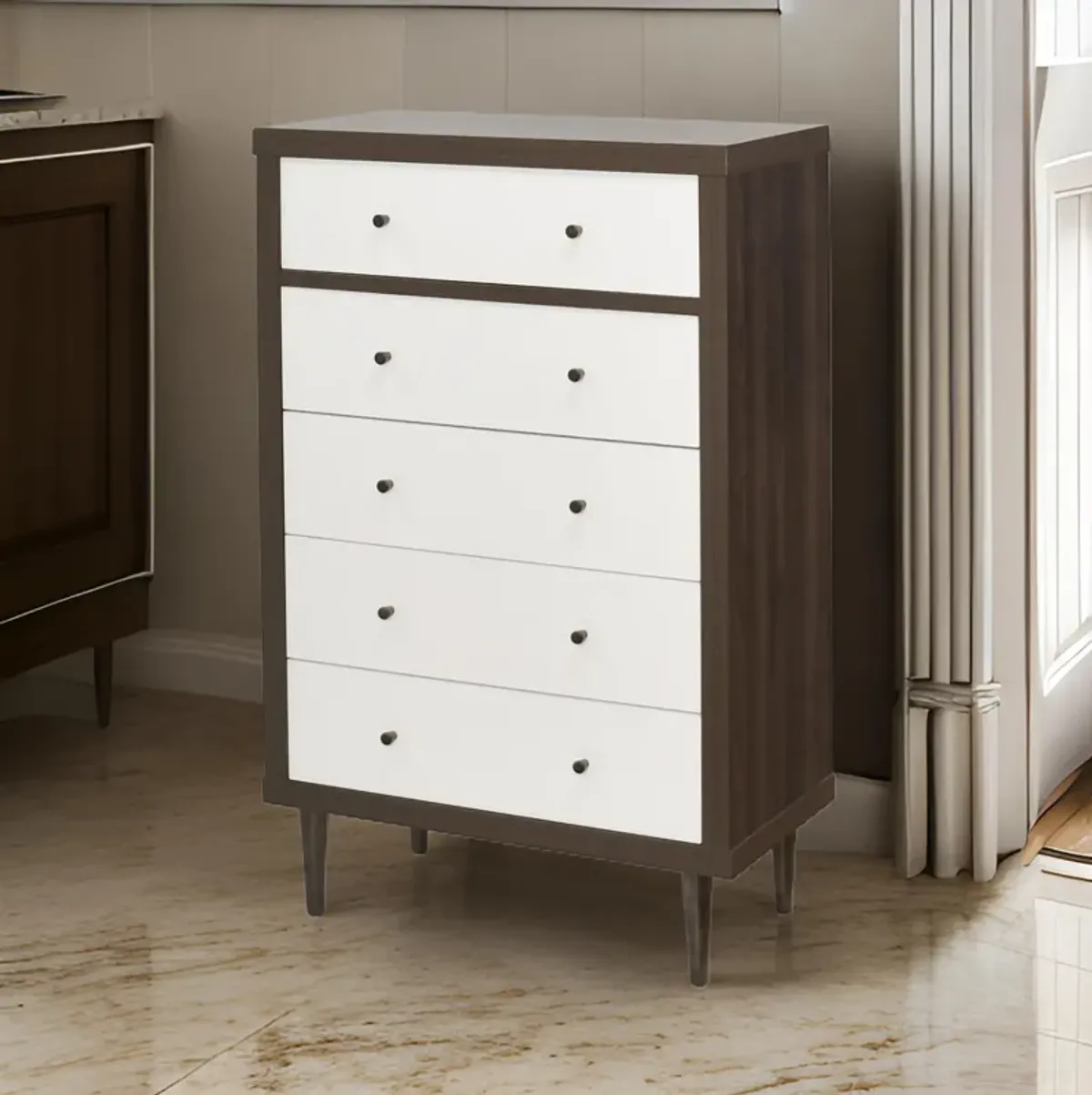 Minie Tall Dresser Chest, 4 Drawers, Rubberwood White, Walnut Brown - Benzara