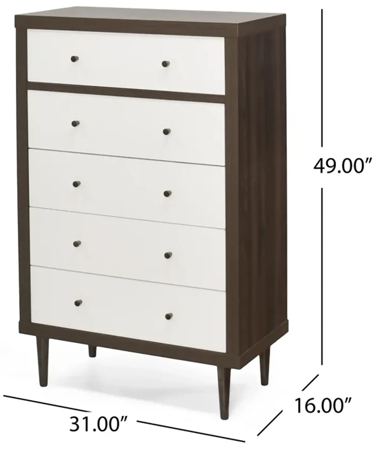 Minie Tall Dresser Chest, 4 Drawers, Rubberwood White, Walnut Brown - Benzara