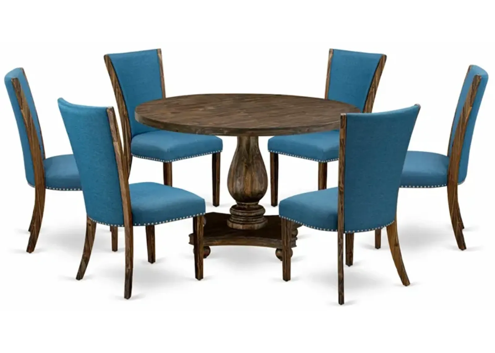 East West Furniture I2VE7-721 7Pc Dining Set - Round Table and 6 Parson Chairs - Distressed Jacobean Color