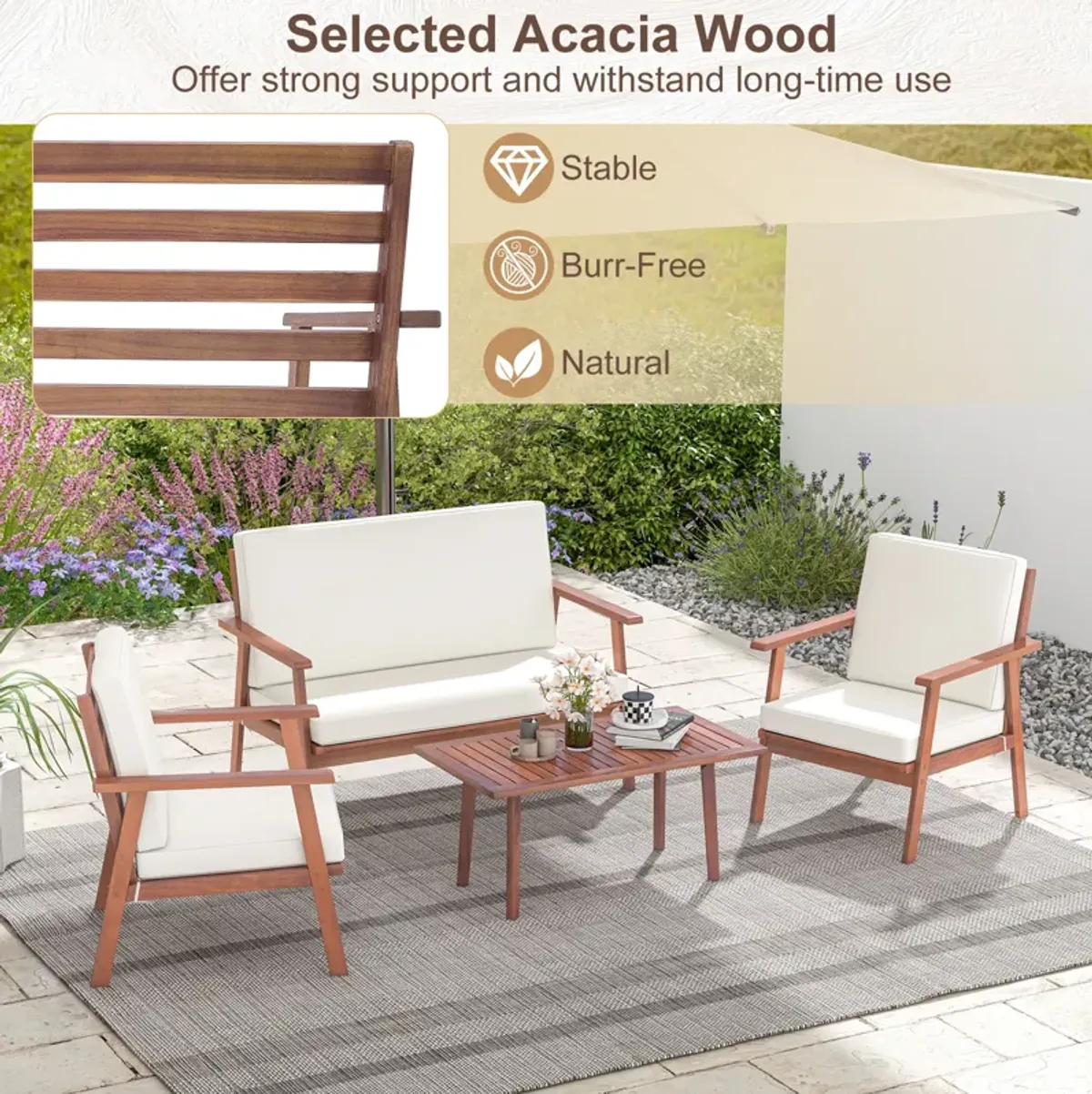 4 Piece Outdoor Acacia Wood Conversation Set with Soft Seat and Back Cushions