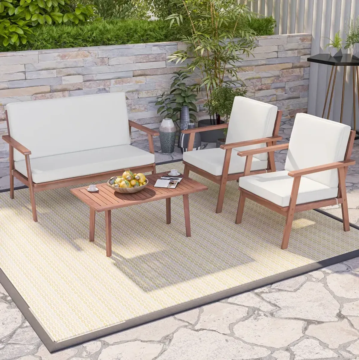 4 Piece Outdoor Acacia Wood Conversation Set with Soft Seat and Back Cushions