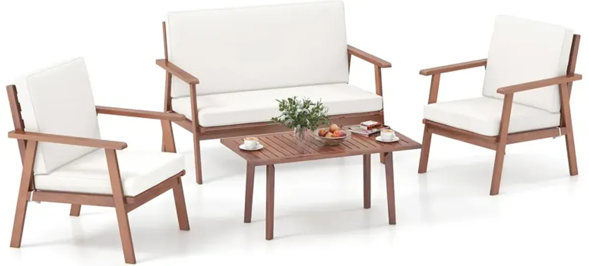 4 Piece Outdoor Acacia Wood Conversation Set with Soft Seat and Back Cushions