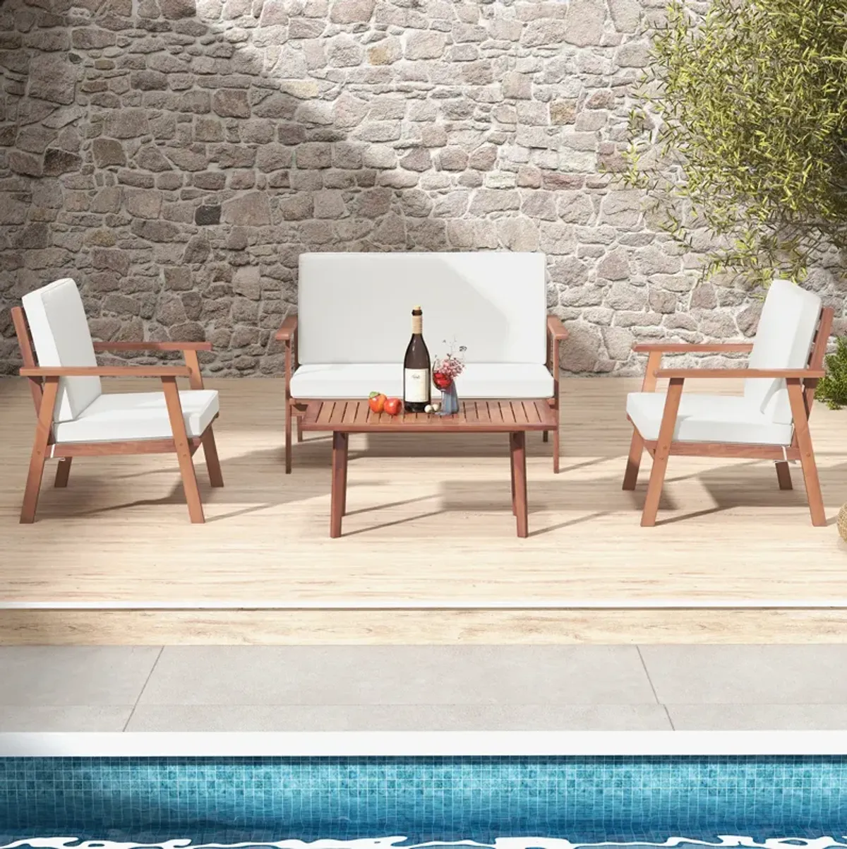 4 Piece Outdoor Acacia Wood Conversation Set with Soft Seat and Back Cushions