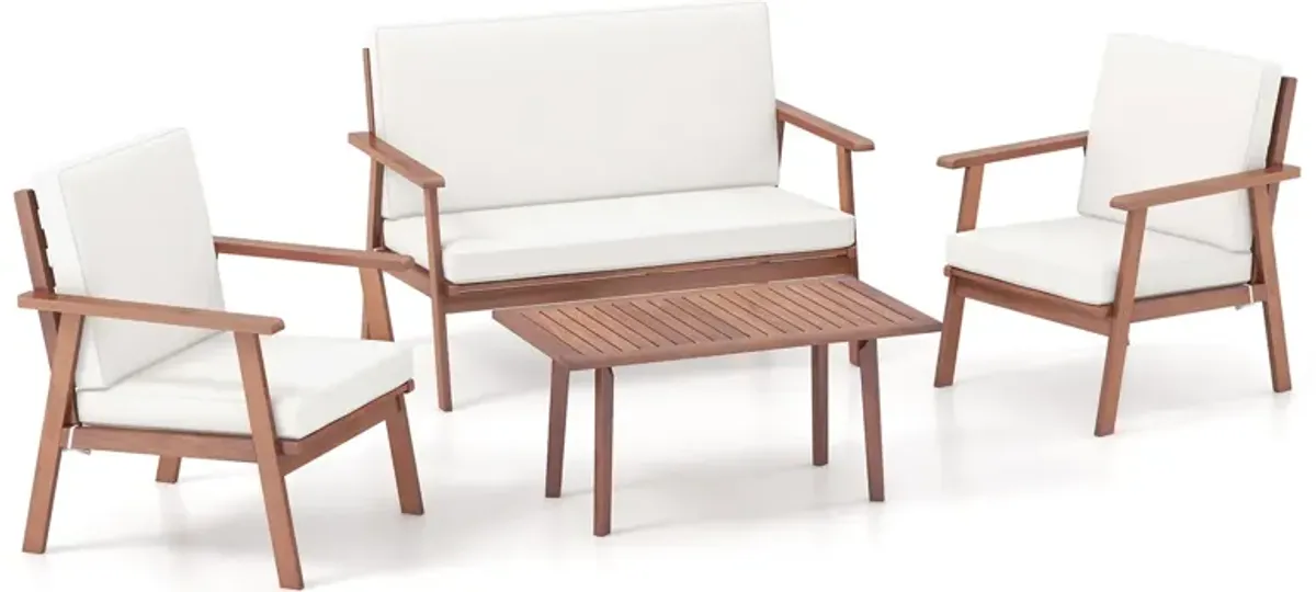 4 Piece Outdoor Acacia Wood Conversation Set with Soft Seat and Back Cushions