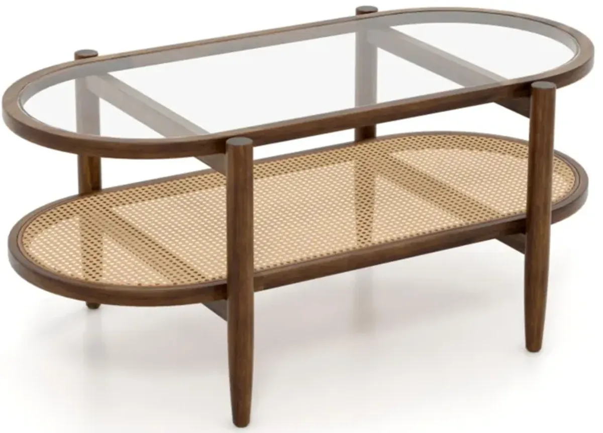 Hivvago 2-Tier Coffee Table with Tempered Glass Tabletop and Acacia Wood Frame