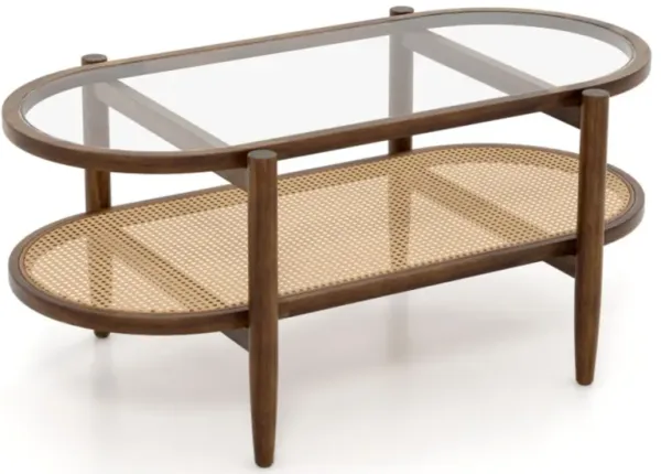 Hivvago 2-Tier Coffee Table with Tempered Glass Tabletop and Acacia Wood Frame