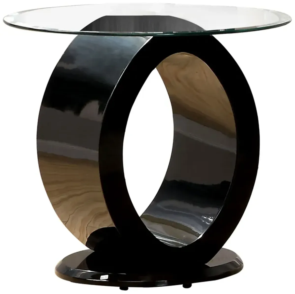Contemporary Tempered Glass Top End Table with O Shape Base, Black-Benzara