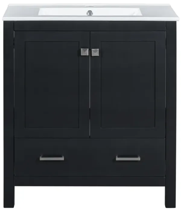 Merax Double Sink Bathroom Vanity Set Freestanding Dual Vanity 2 Ceramic Sinks, Storage Shelf & Divided Drawers Mirror Not Included