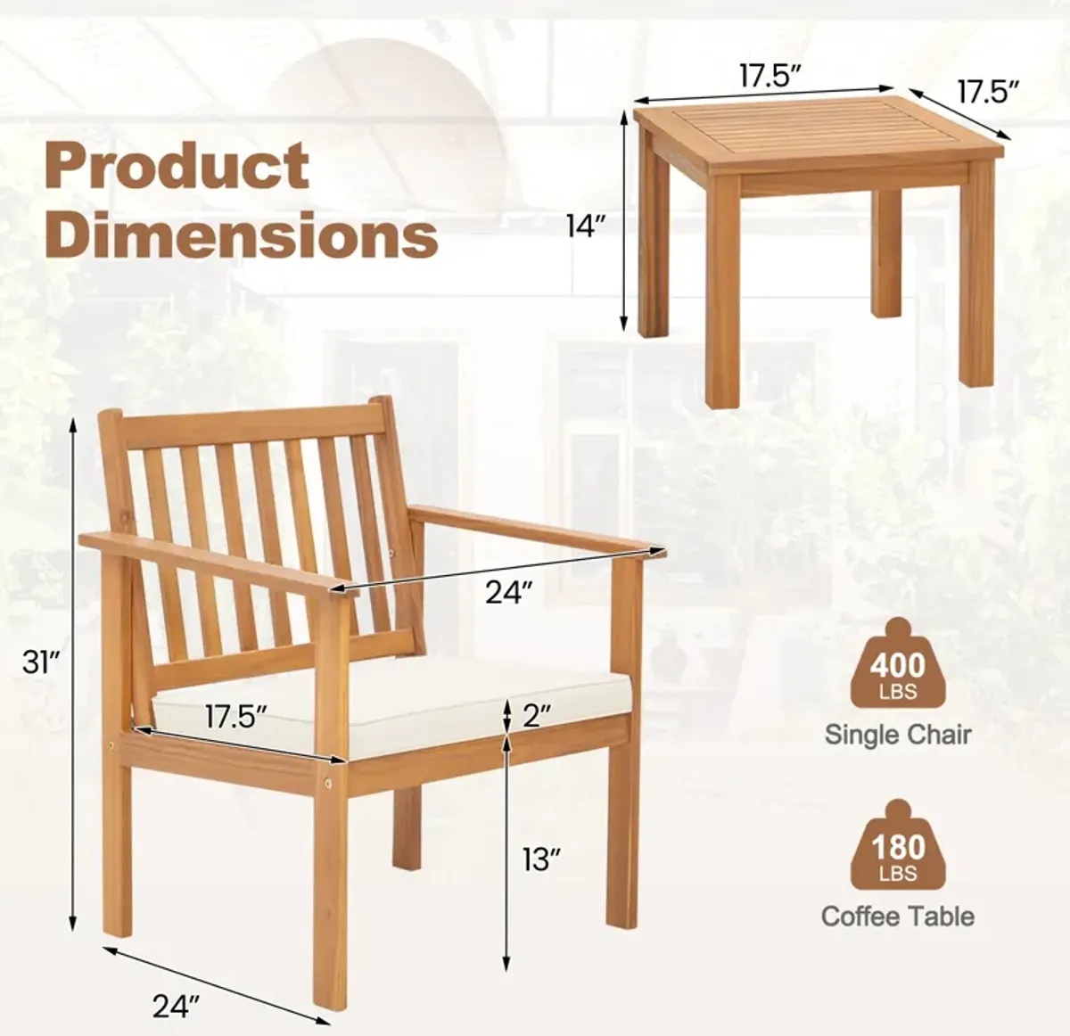 3 Pieces Patio Wood Furniture Set with soft Cushions for Porch