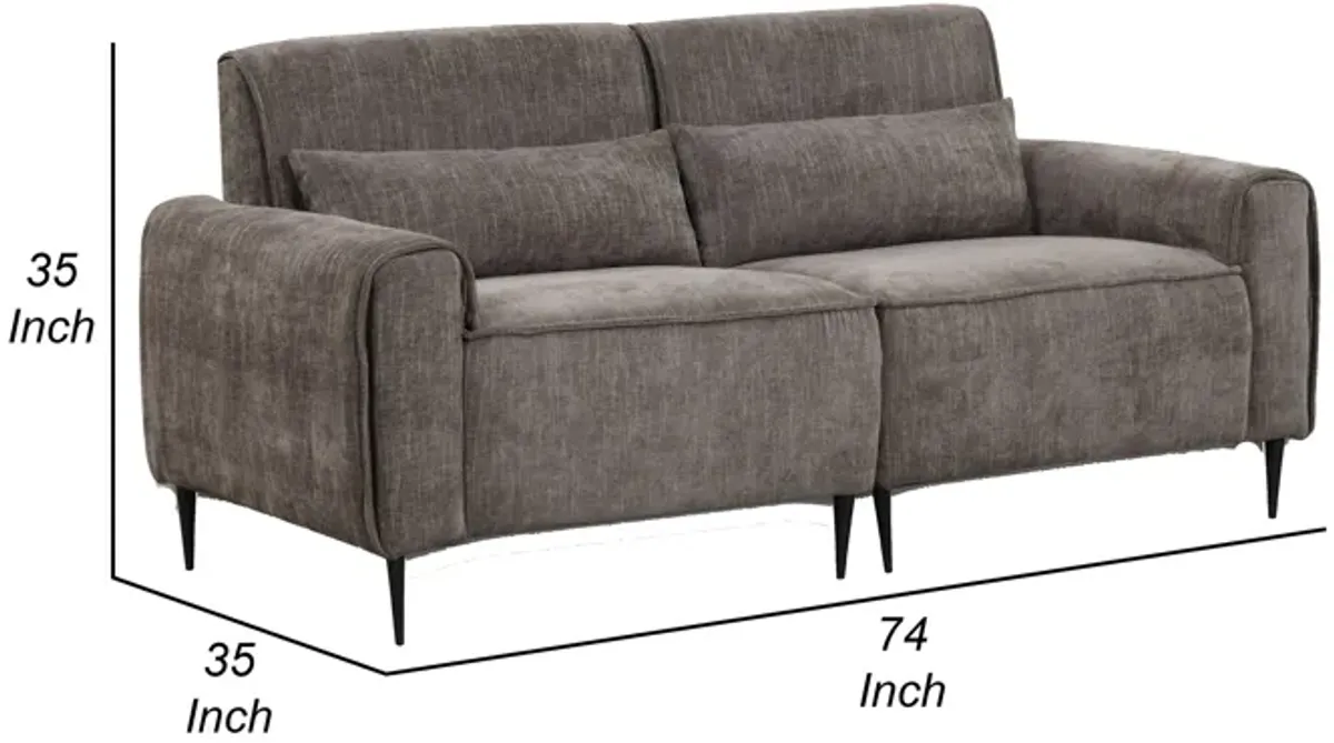 Tiu 74 Inch Sofa with 2 Lumbar Pillows, Gray Chenille, Metal, Solid Wood - Benzara