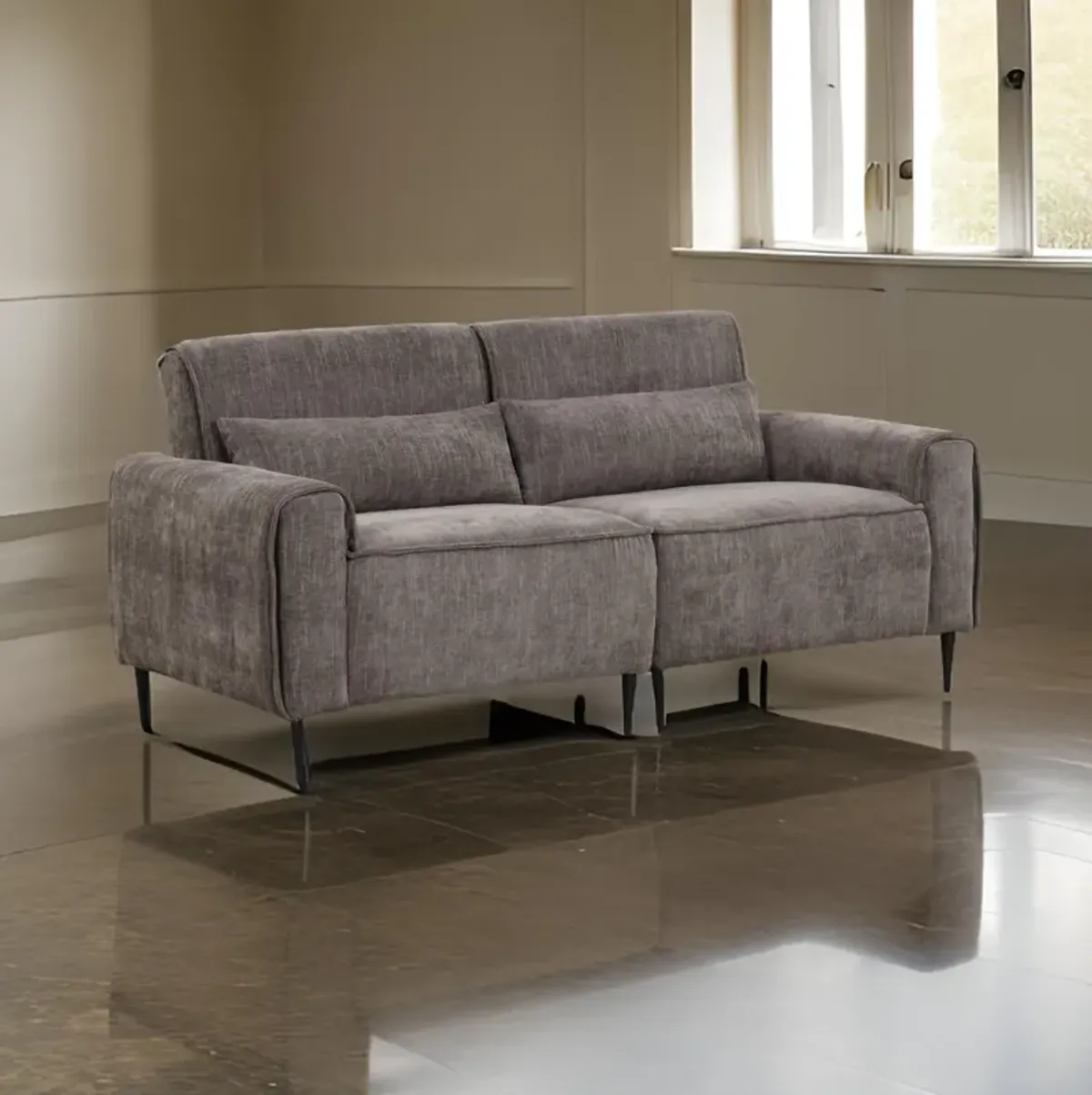 Tiu 74 Inch Sofa with 2 Lumbar Pillows, Gray Chenille, Metal, Solid Wood - Benzara