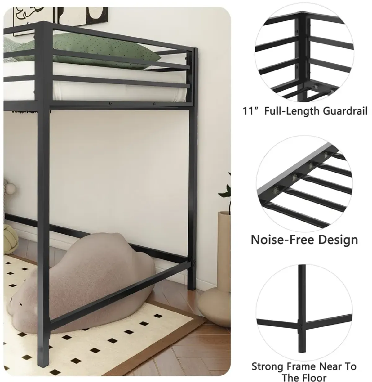 Twin Children's Loft Bunk Bed with Metal Frame and Safety Guard Rails, Anti-Noise Design, Protective Post Caps, Black