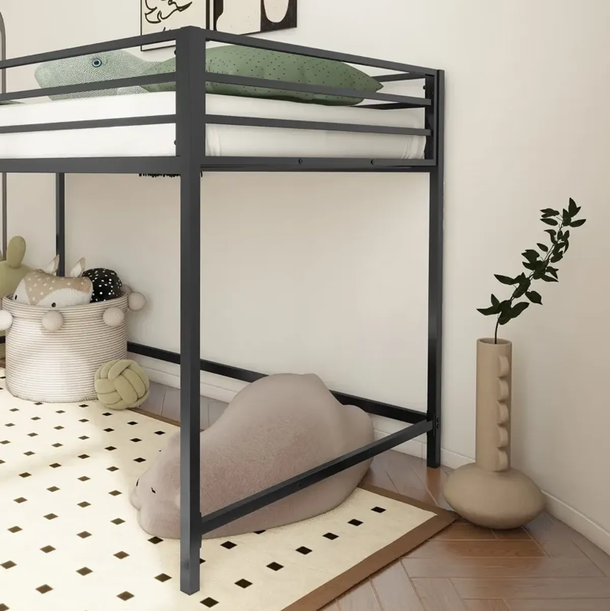 Twin Children's Loft Bunk Bed with Metal Frame and Safety Guard Rails, Anti-Noise Design, Protective Post Caps, Black