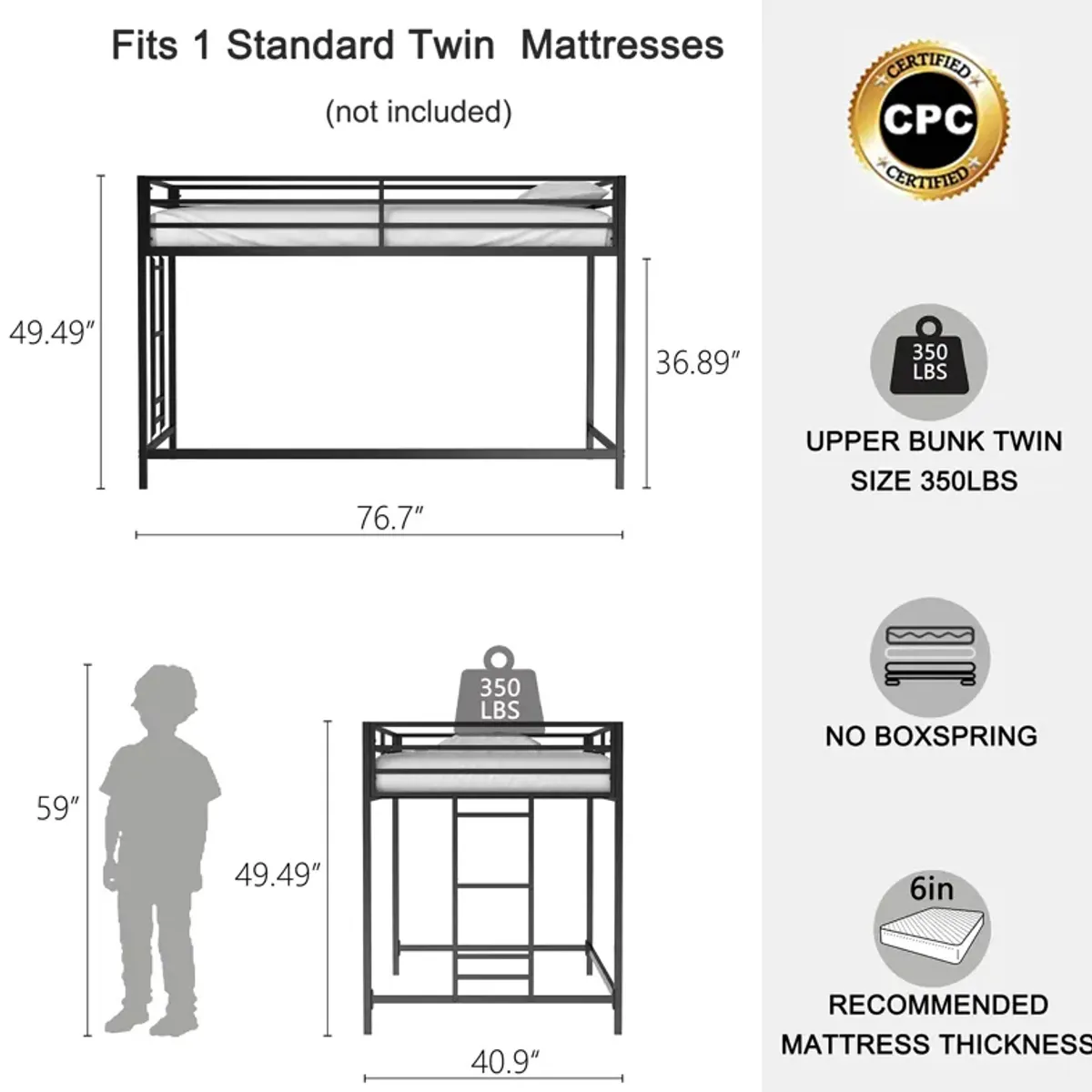 Twin Children's Loft Bunk Bed with Metal Frame and Safety Guard Rails, Anti-Noise Design, Protective Post Caps, Black