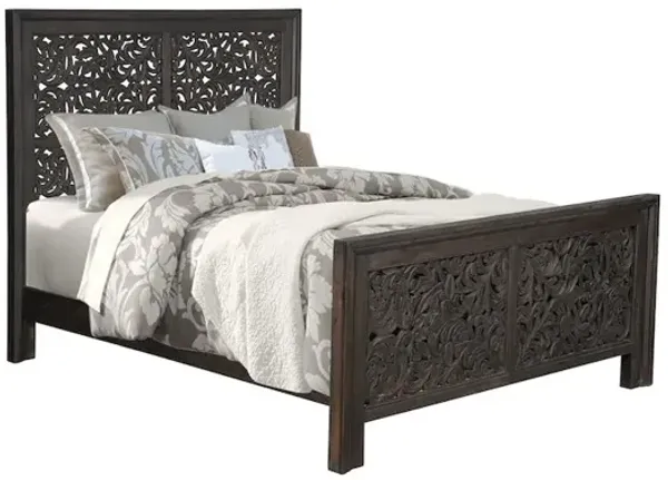 Taran Designs Calista Floral Carved Solid Wood Queen Panel Bed