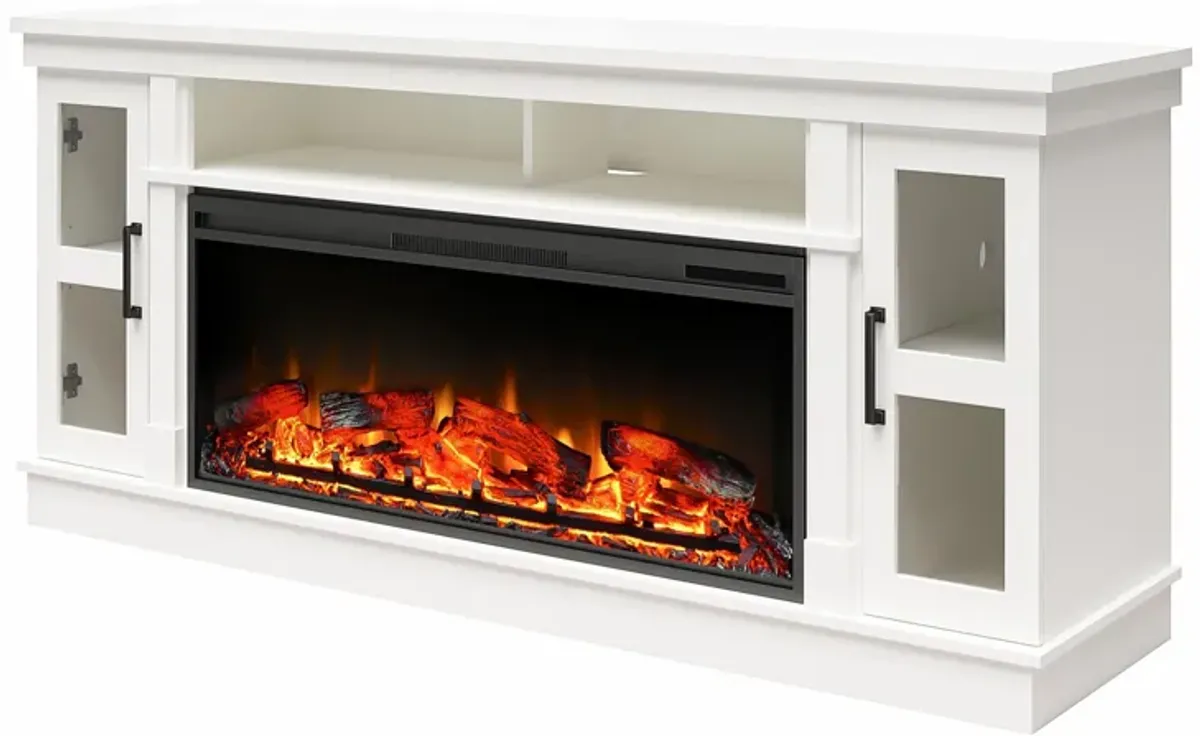 Elmcroft Wide TV Console with Electric Fireplace Insert for 75" TVs, White