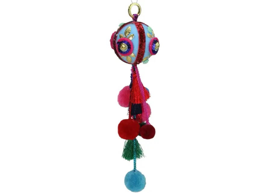 10.25" Blue and Red Ball with Pompoms Christmas Ornament