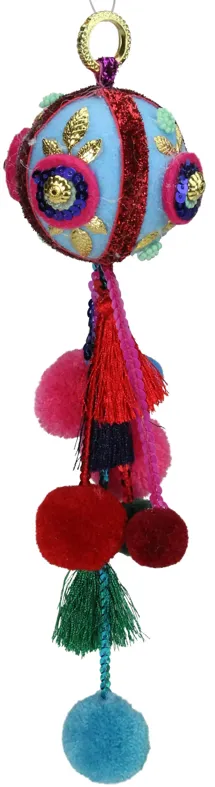 10.25" Blue and Red Ball with Pompoms Christmas Ornament