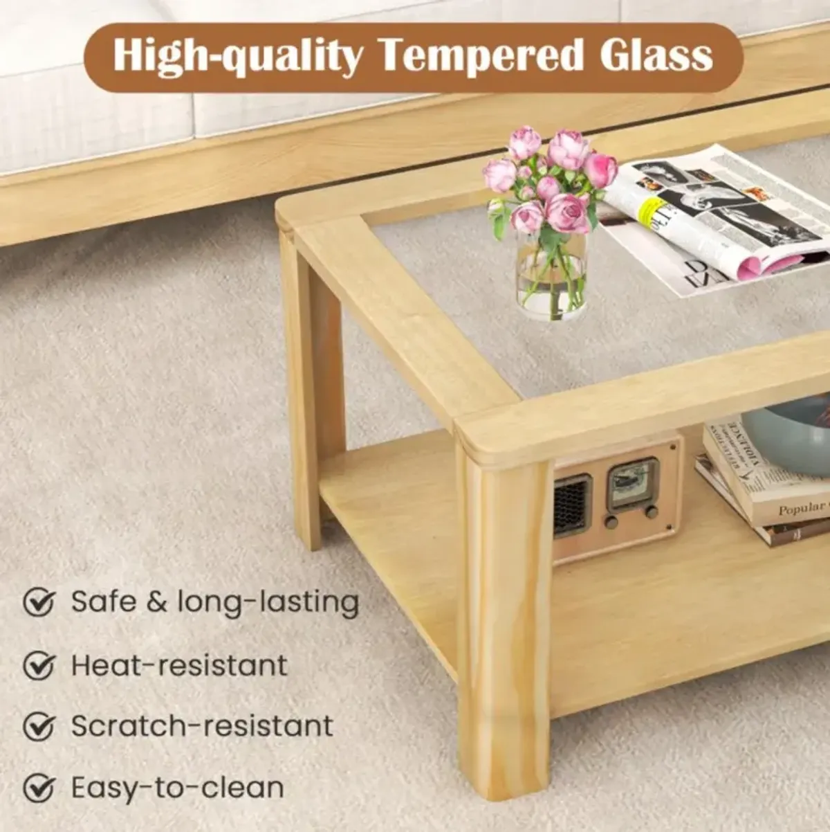 Hivvago 2-Tier Coffee Table Rectangular Center Table with Tempered Glass Tabletop and Storage Shelf