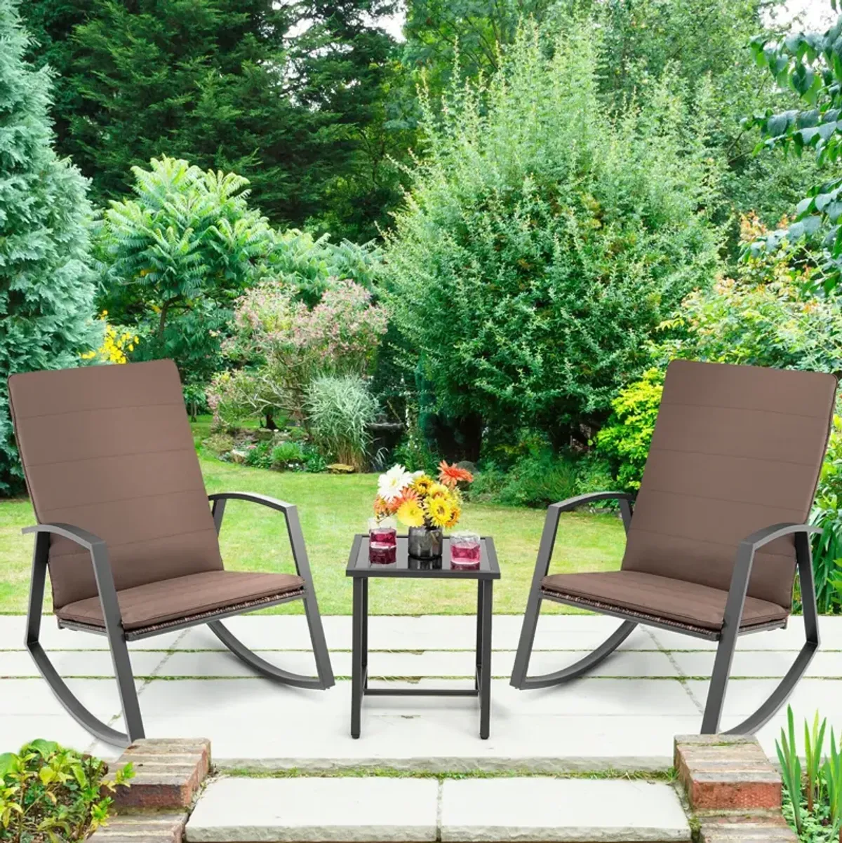 3 Pieces Patio Rattan Rocking Furniture Set