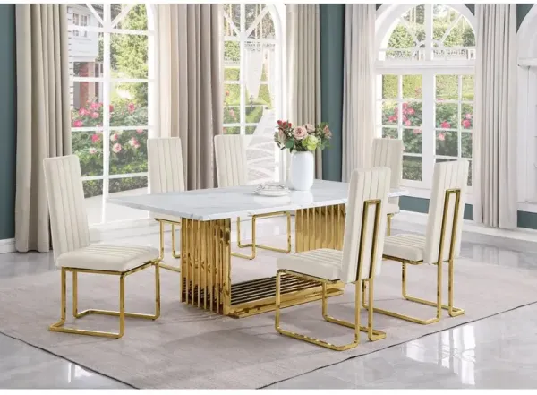 Best Quality Furniture 7pc Large(79) marble top dining set with gold base and 6 Cream side chairs