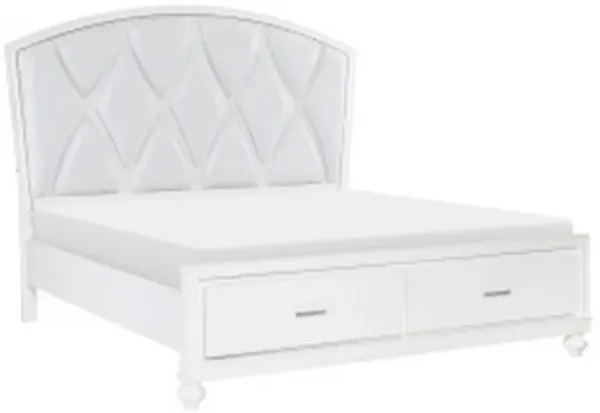Russ Queen Platform Bed, LED Accents, Silver Faux Leather Upholstery, White - Benzara