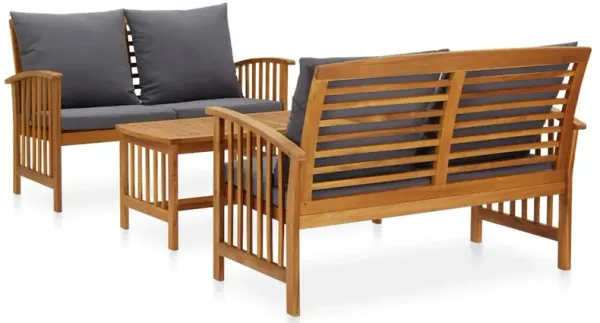 Mia 3pc Outdoor Loveseat Bench and Coffee Table Set, Gray, Acacia Wood - Benzara