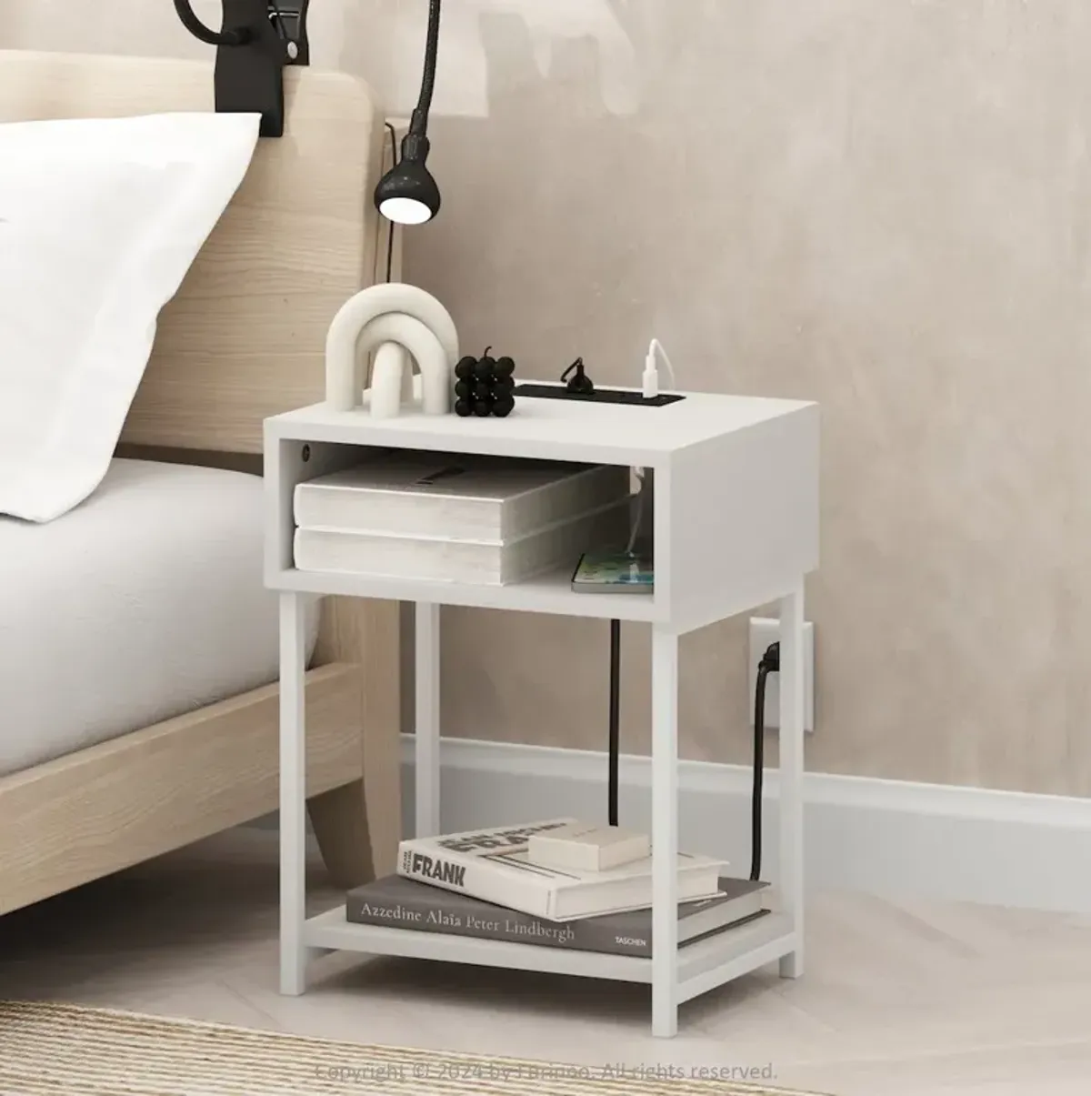 Moretti USB and Type-C Charging Port Open Storage Side Table with Metal Frame