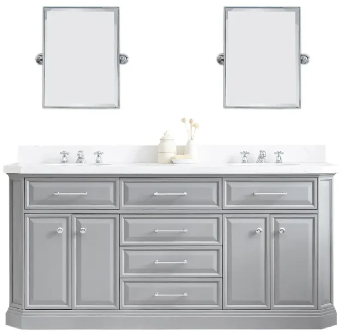 Palace 72 In. Double Sink Carrara Quartz Countertop Bath Vanity in Cashmere Grey with Chrome Hardware, Classic Faucets and Rectangular Pivot Mirrors